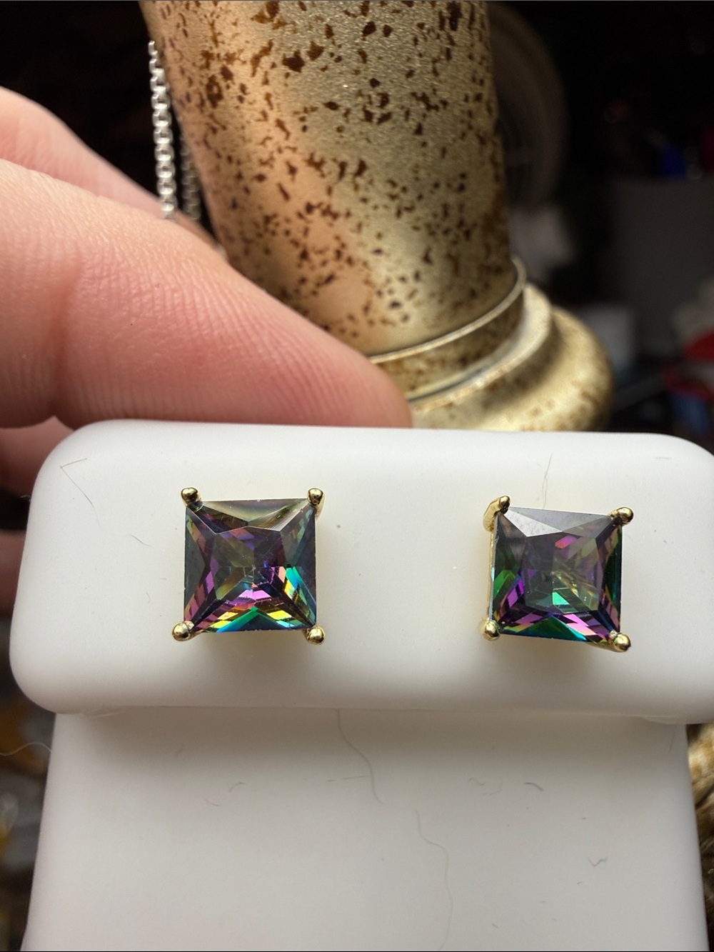 Princess Cut Mystic Topaz Stud Earrings - Multicolor shine 14k gold over 925 SS